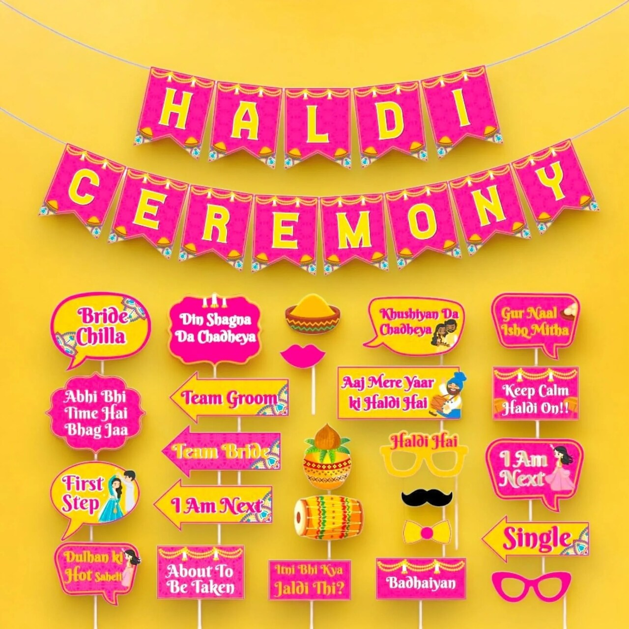 25 Pcs Haldi Photo Booth Party Props & 1 Pcs Haldi Ceremony Banner Wedding Photoshoot Haldi Decoration Marriage Props for Bride and Family